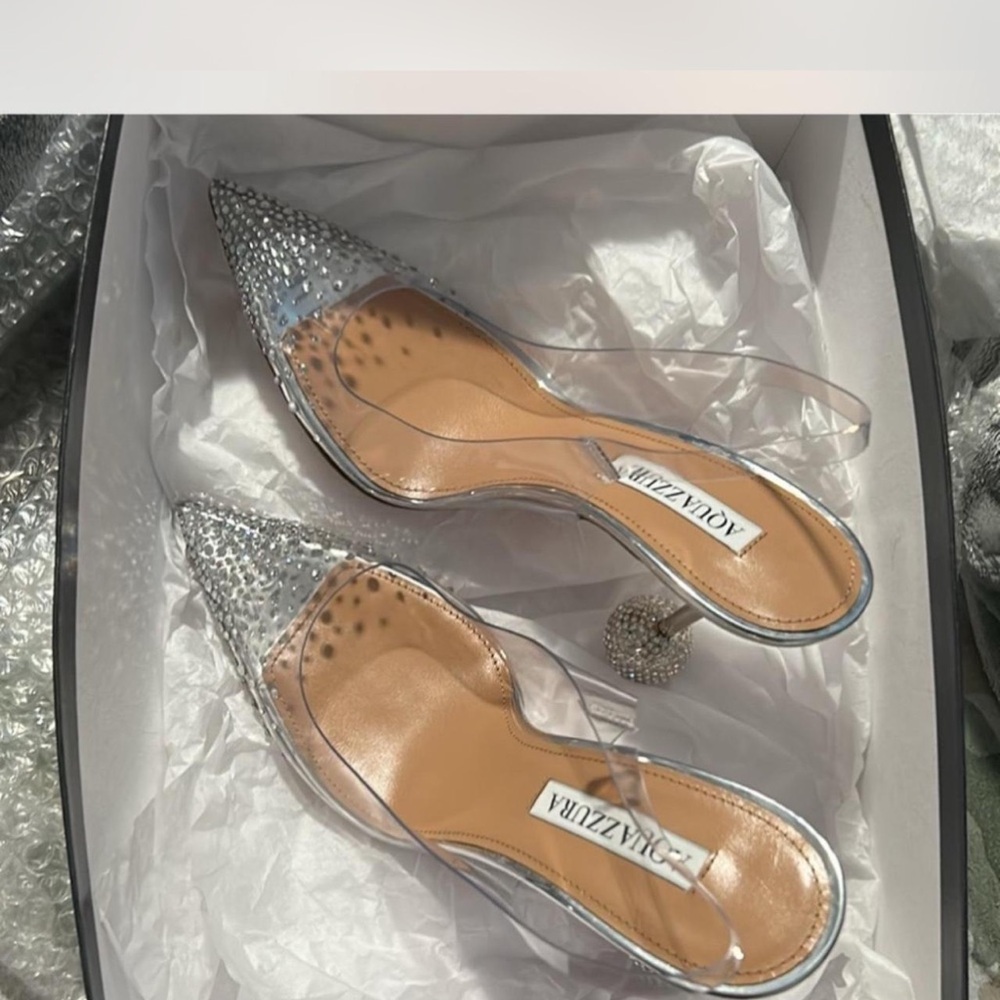 Aquazzura Silver Tan Heels with Crystal Embellishments